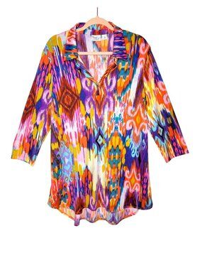 Women With Control Ikat Print Tunic Top 3/4 Sleeve Size LT Polyester Blend